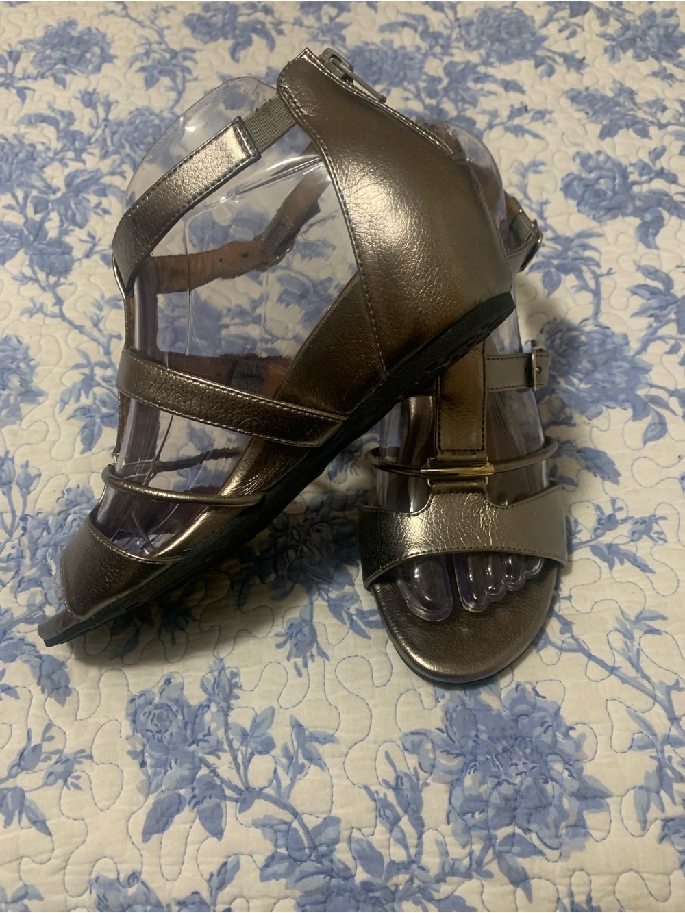 Metallic Bronze Strappy Wedge Heels - Women's